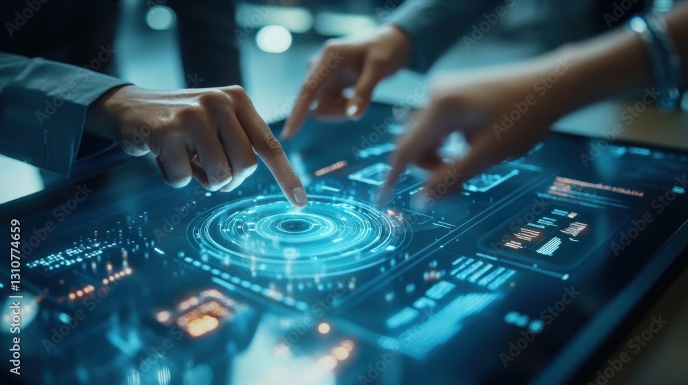 Poster businesspeople are using a futuristic interactive touchscreen display, working together on a project