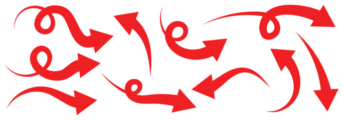 A collection curved arrow icons designs. Curved arrows. Arrow sign. Curly red arrow icons set. Vector illustration.