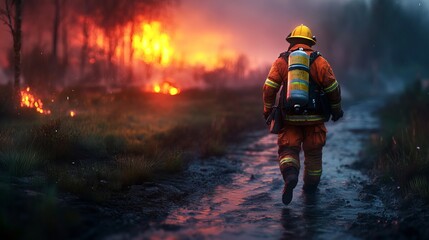 Brave firefighter in orange gear walking towards a wildfire at sunset.