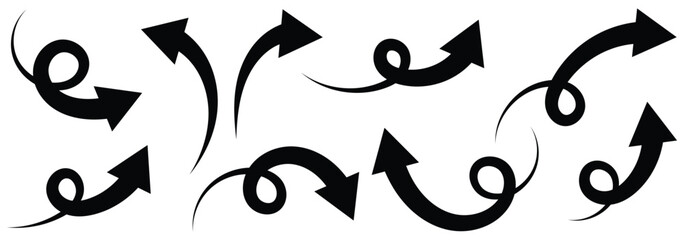 Black arrows set. Curved arrows. Hand drawn vector arrows doodle set on white background. Set of simple lines hand drawn black arrows. 