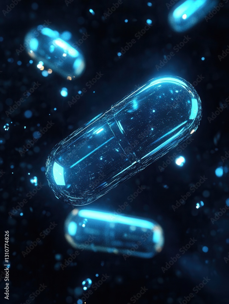 Aufkleber futuristic glowing capsules float in dark space with a soft blue light, creating an abstract and cin