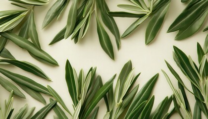 Fototapeta premium Green Leaves on Beige Background Flatlay