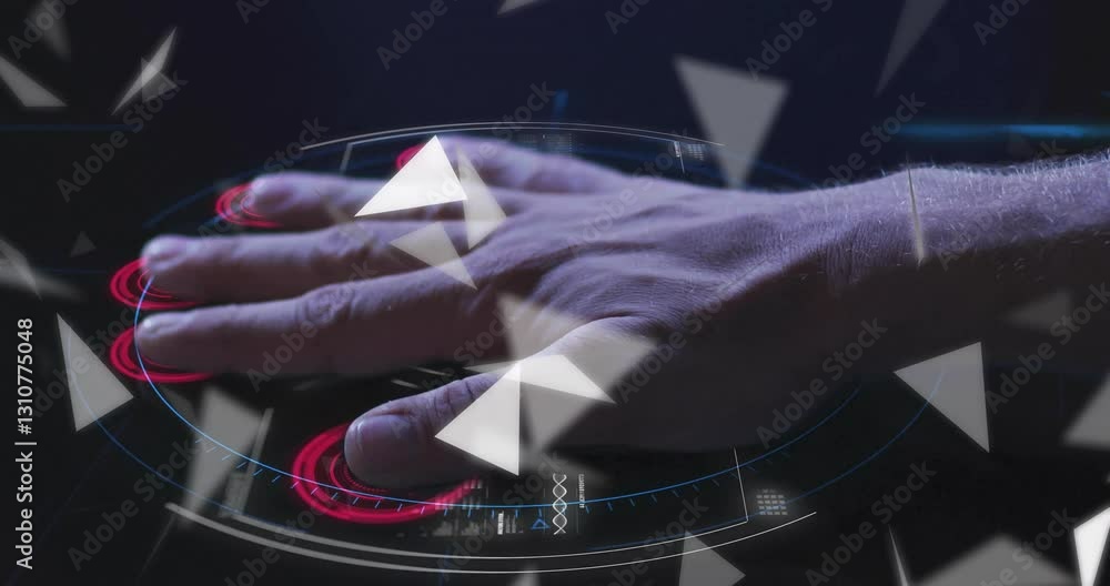 Poster hand using digital interface with glowing geometric animation in futuristic style