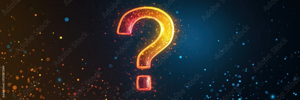 Poster stylish minimalist icon of glowing question mark surrounded by light bursts in modern flat design co