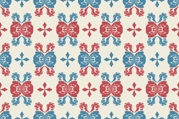 Carpet ikat floral pattern,fabric pattern on navy blue background vector illustration.Ikat ethnic oriental embroidery.Aztec style,abstract background.design for texture,clothing,decoration,carpet,rug.