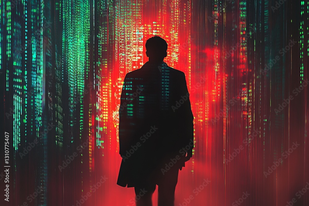 Poster mysterious figure against multi-colored data streams and light effects
