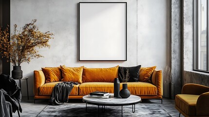frame mockup in white, placed on the wall of a living room with a mustard velvet sofa and a round marble coffee table, black vases, warm lighting, white walls, vintage-style furniture, 