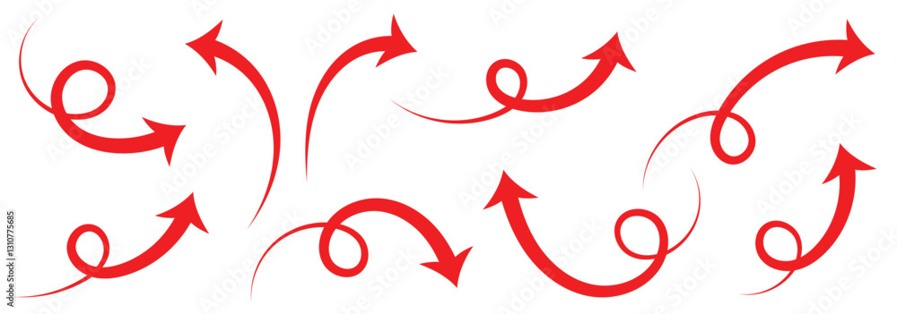 Poster a collection curved arrow icons designs. curved arrows. arrow sign. curly red arrow icons set. vecto