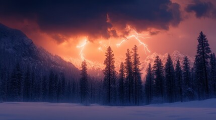 Dramatic Lightning Storm Over Snowy Pine Forest at Dusk