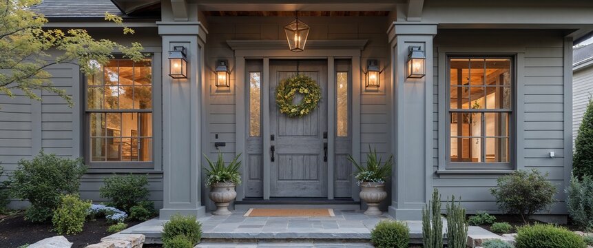 rustic front door in gray craftsman home house frontage portrait