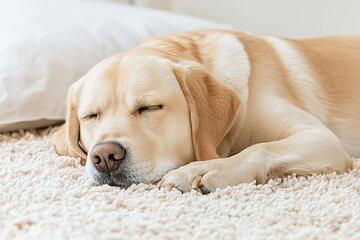 Obraz premium Peaceful Labrador Retriever is sleeping on soft beige carpet, exuding calmness and comfort. serene setting highlights dog relaxed state, with its head resting gently on its paws