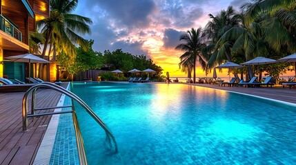 Fototapeta premium Tropical Sunset Pool Paradise - Tropical Escapes