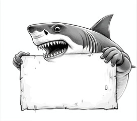 Naklejka premium Cartoon Great White Shark Holding Blank Signage