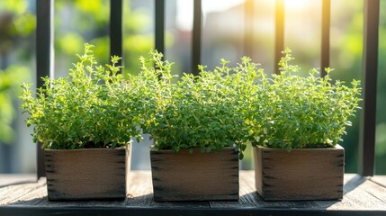 Fresh Green Thyme Plants in Wooden Pots on a Sunny Balcony