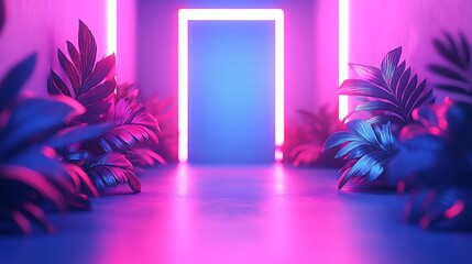Neon corridor with tropical plants, product showcase, abstract background