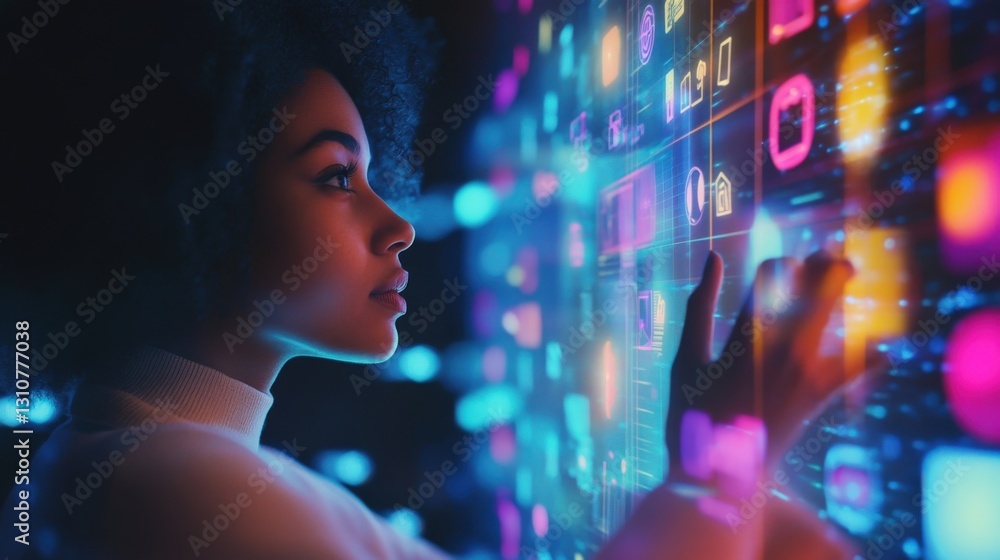 Poster in a sleek modern office setting a techsavvy professional gestures towards a holographic interface t
