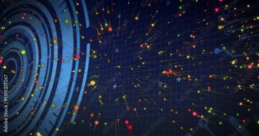 Poster animation of colorful particles radiating from circular structure on dark background