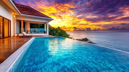 Fototapeta premium Tropical Sunset Villa Infinity Pool - Luxury travel