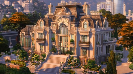 A grand urban mansion with elegant lines, luxurious detailing, and a vibrant city setting --ar 16:9 --v 6.1 Job ID: c8c97ea4-4c5b-47e5-9bd8-efb3b8ea6e23