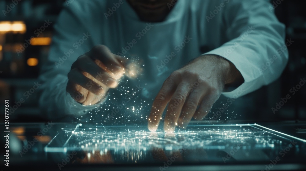 Aufkleber scientist in a white lab coat interacting with a holographic interface, manipulating data points and