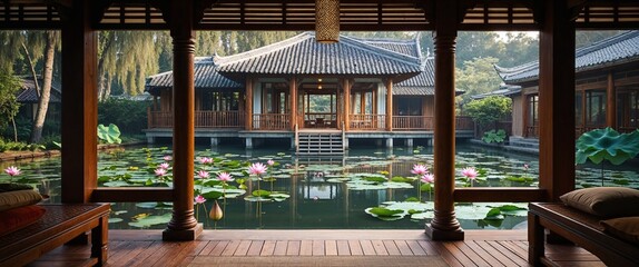 Fototapeta premium Tea house veranda facing a serene pond with floating lotus flowers background