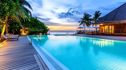 Obraz premium Luxury Resort Pool at Sunset, Maldives - Tropical escapes