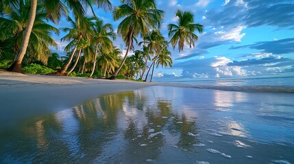 Obraz premium Tropical Beach Paradise: Palm Trees & Ocean - Travel and Vacation