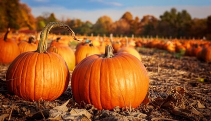 ripe pumpkins in a pumpkin patch in the autumn