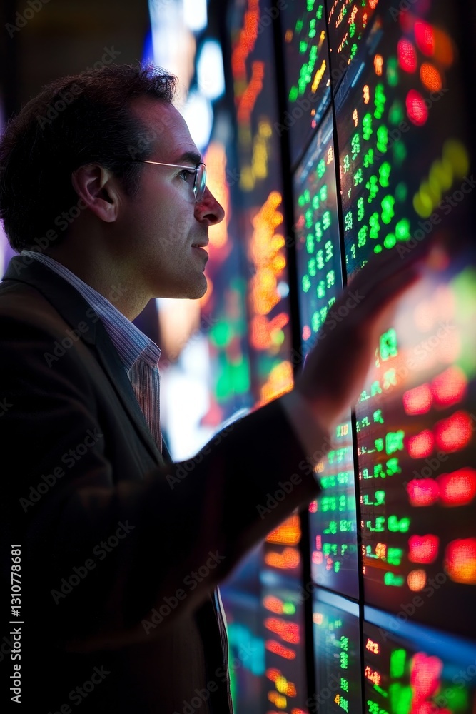 Poster a man is looking at a computer screen with a lot of numbers on it