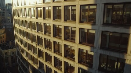 Obraz premium Modern Office Building with Glowing Windows in Evening Light