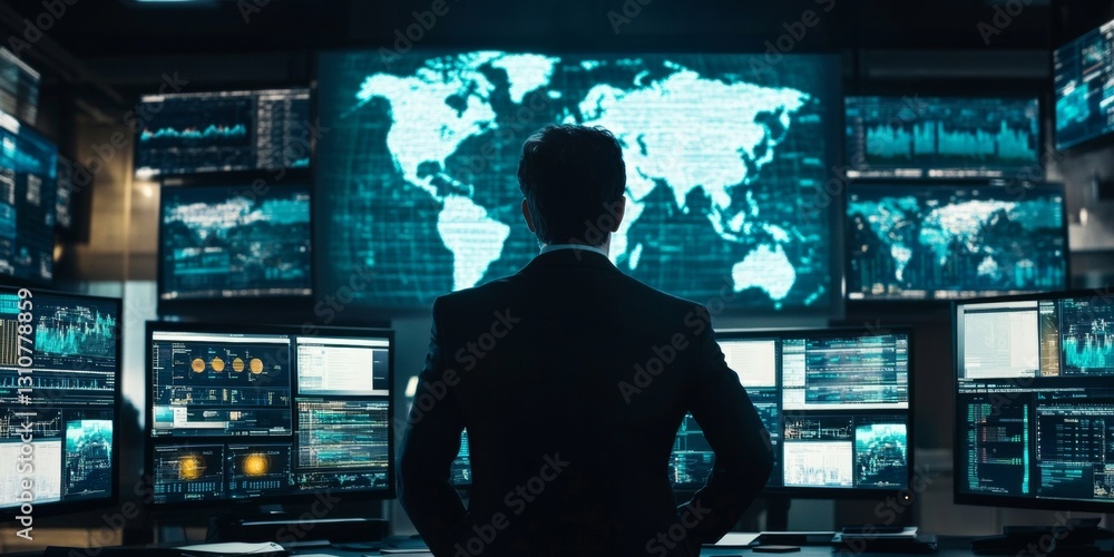 Poster a man is standing in front of a computer monitor with a map of the world on it