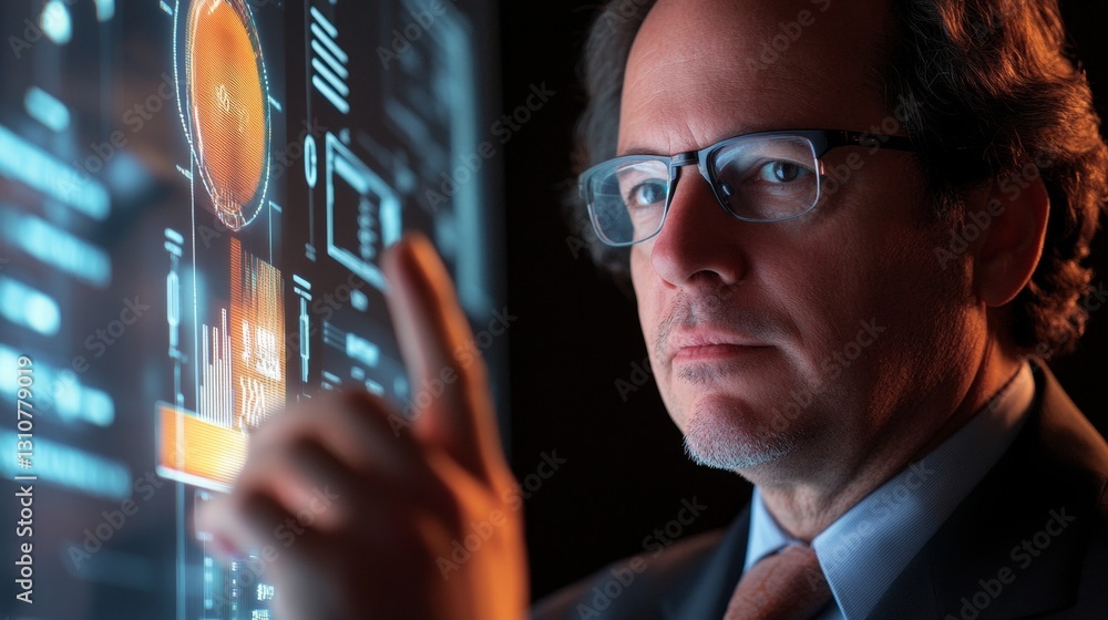 Poster a man is pointing at a computer screen with a finger