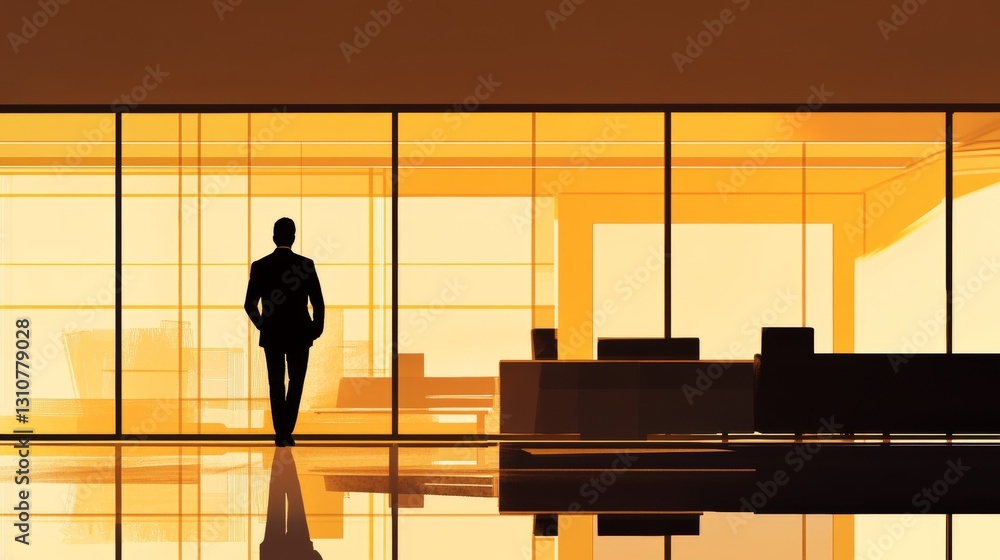 Poster a man in a suit is standing in front of a large window in a room
