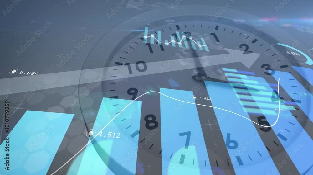 Poster animation of clock face with bar graph showing financial analysis data points