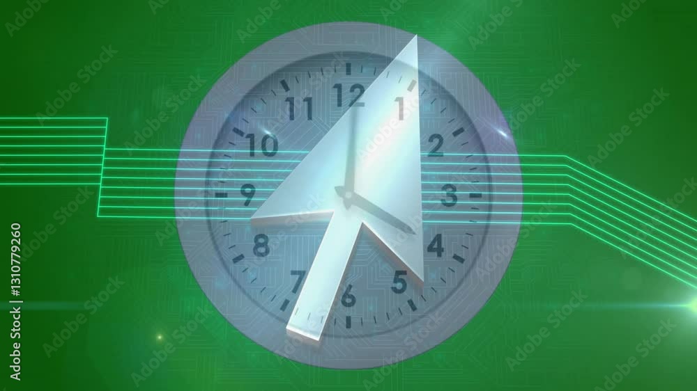 Poster large arrow overlay on clock face with green digital circuit animation