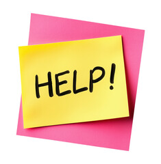 Yellow paper note with the word 'Help!' isolated on a transparent background
