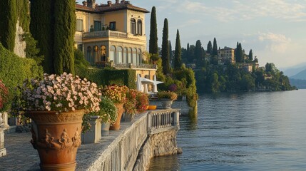 Scenic Lakefront Villa with Colorful Flower Pots at Sunset