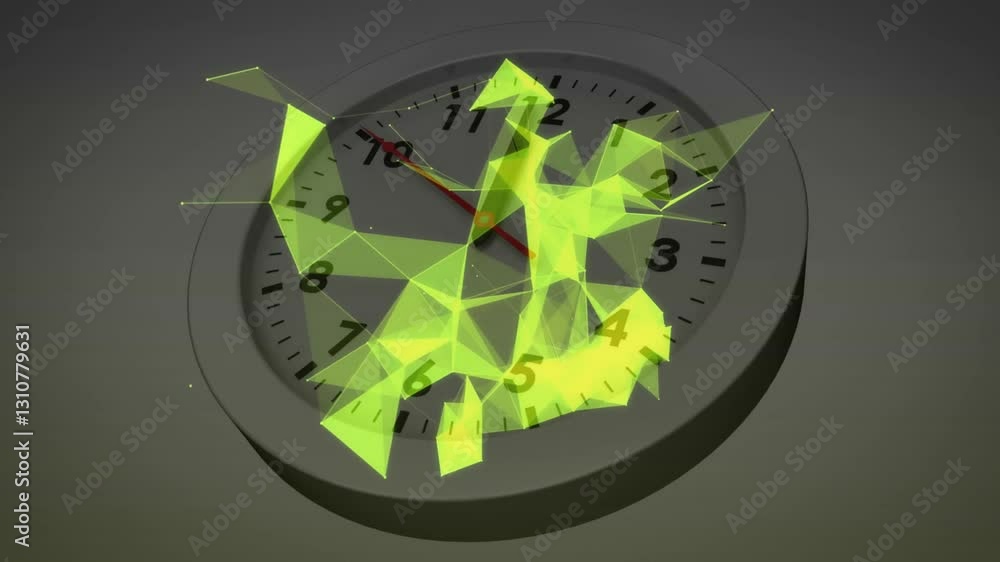 Poster animation of green geometric shapes overlaying analog clock showing time passing