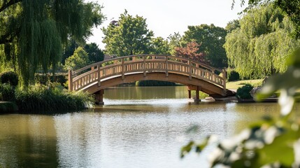 Scenic Wooden Bridge Over Calm Water Surrounded by Lush Greenery