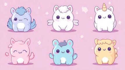 Fototapeta premium Adorable cartoon illustrations of six small whimsical and colorful creatures