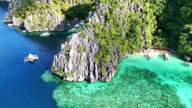 Aerial drone view of Twin Lagoon in Philippines. near coron island, tourism destination in Palawan islands. 