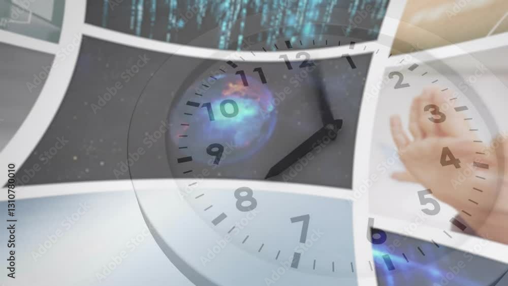 Poster clock face overlaying animation of digital images and binary code, symbolizing technology