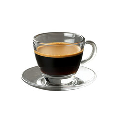 Naklejka premium Elegant Espresso in Clear Glass Cup with Saucer on White Background