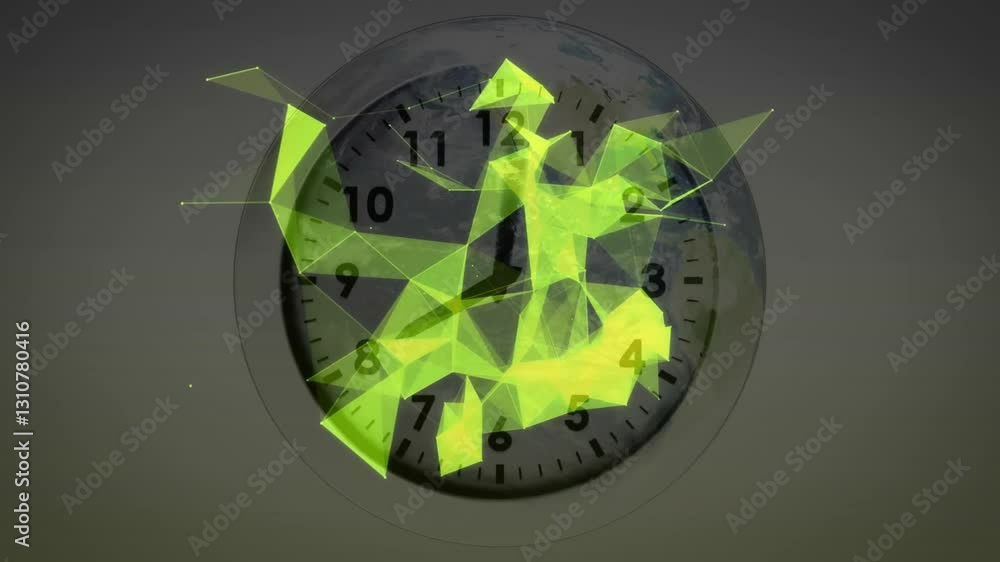 Poster analog clock with abstract green geometric shapes animation in background