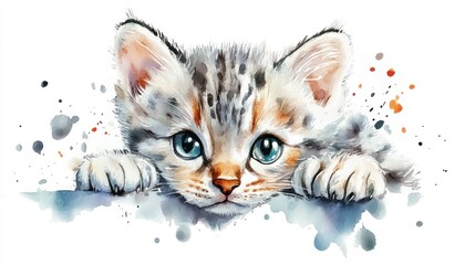 Fototapeta premium Adorable Watercolor Painting Depicting a Playful Little Kitten with Blue Eyes