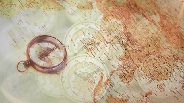 Overlaying animation, vintage compass and old map with clock face elements