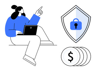 Woman using laptop, pointing up near shield with lock and coins symbolizing digital security. Ideal for cybersecurity, online banking, financial tech, investments, data protection, business
