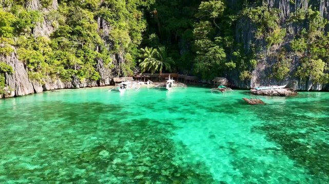 Aerial drone view of Twin Lagoon in Philippines. near coron island, tourism destination in Palawan islands. 