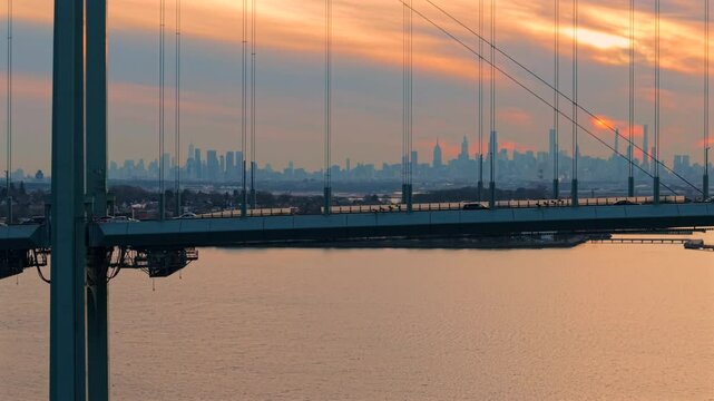 Sunset aerial telephoto focal 4K60p footage at White Stone bridge in New York City, NY