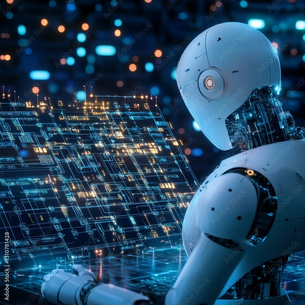 Poster futuristic robot analyzing data on digital display screen